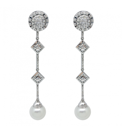 PAR DE PENDIENTES DE ORO BLANCO DE 750 MILÉSIMAS (18K) CON DIAMANTES TALLA BRILLANTE Y DOS PERLAS AUSTRALIANAS