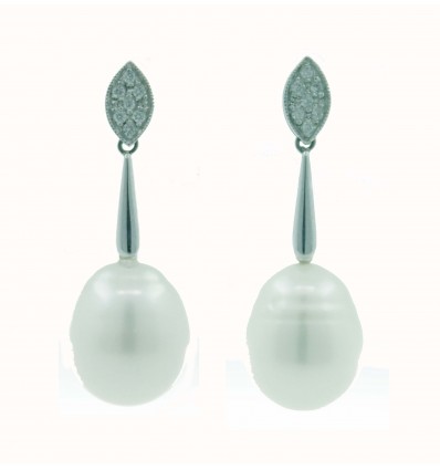 Pendientes de oro blanco (18K) con diamante y perla cultivada
