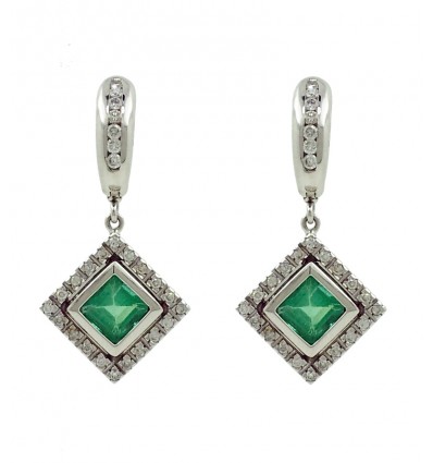 Pendientes de oro blanco (18K) con diamante y esmeralda