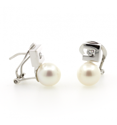 Pendientes de oro blanco (18K) con diamante y perla cultivada
