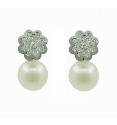 Pendientes de oro blanco (18K) con perla y zirconita
