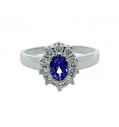 Sortija de oro blanco con diamantes y zafiro