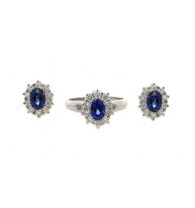 pendientes y sortija en oro blanco con diamantes y zafiros