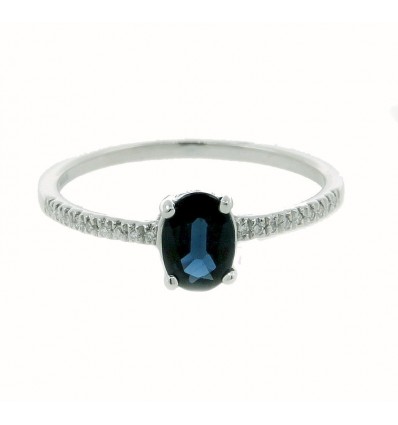 Sortija de oro blanco (18K) con diamante y zafiro