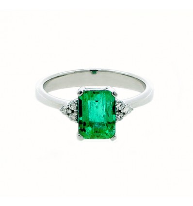 Sortija de oro blanco (18K) con diamante y esmeralda