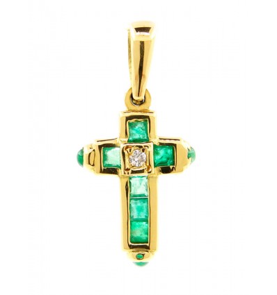 Cruz de oro amarillo (18K) con diamante y esmeralda natural