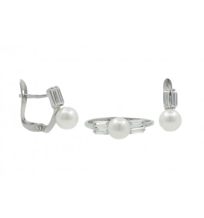 PENDIENTES DE ORO BLANCO CON PERLA Y ZIRCONITA Y SORTIJA A JUEGO