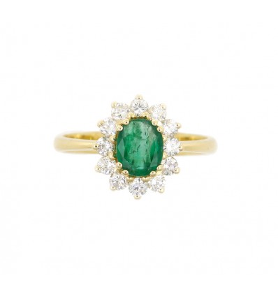 Sortija oro amarillo con esmeralda y diamantes